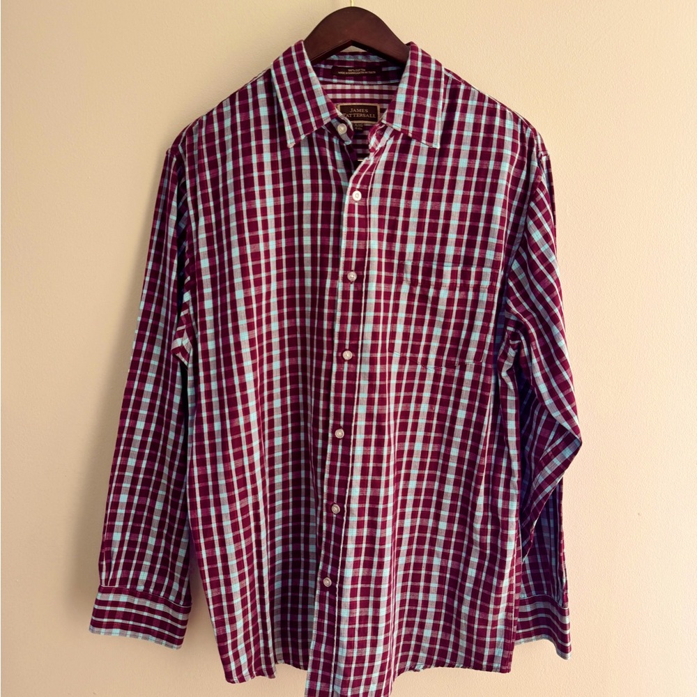 James Tattersall Men’s Button-Up Collared Shirt Maroon Plaid 100% Cotton XL